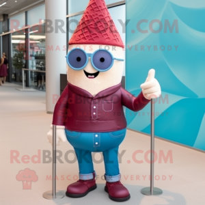 Maroon Ice Cream Cone mascot costume character dressed with a Jeans and Sunglasses