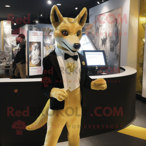 Gold Dingo mascot costume character dressed with a Tuxedo and Anklets