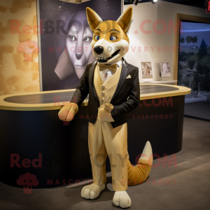 Gold Dingo mascot costume character dressed with a Tuxedo and Anklets