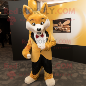 Gold Dingo mascot costume character dressed with a Tuxedo and Anklets