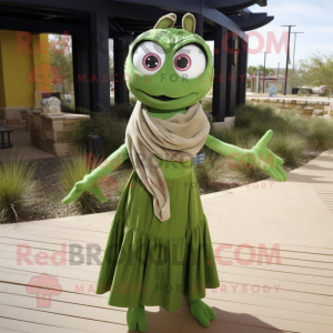 Olive Stilt Walker mascot costume character dressed with a Mini Skirt and Scarves