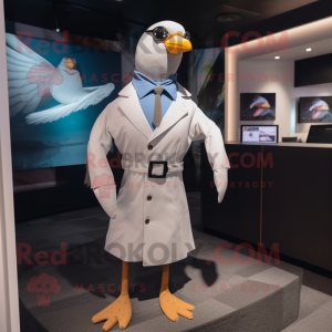White Passenger Pigeon mascot costume character dressed with a Jumpsuit and Pocket squares