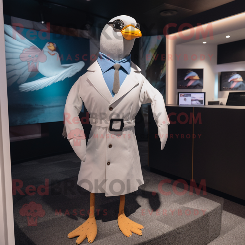 White Passenger Pigeon mascot costume character dressed with a Jumpsuit and Pocket squares