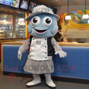 Silver Fish And Chips mascot costume character dressed with a Sweatshirt and Berets