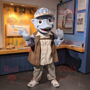 Silver Fish And Chips mascot costume character dressed with a Sweatshirt and Berets