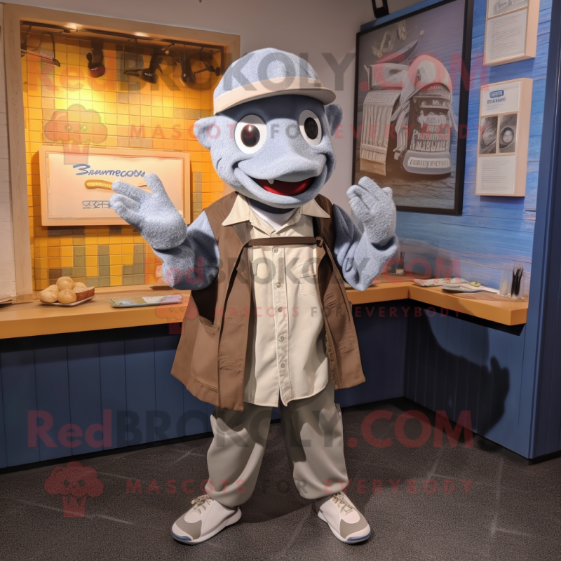 Silver Fish And Chips mascot costume character dressed with a Sweatshirt and Berets Silver Fish And Chips mascot costume character dressed with a Sweatshirt and Berets