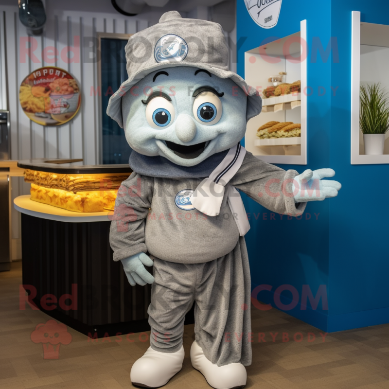 Silver Fish And Chips mascot costume character dressed with a Sweatshirt and Berets Silver Fish And Chips mascot costume character dressed with a Sweatshirt and Berets