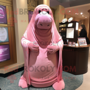 Pink Walrus mascot costume character dressed with a Henley Tee and Shawl pins