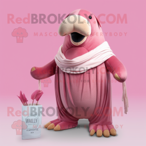 Pink Walrus mascot costume character dressed with a Henley Tee and Shawl pins
