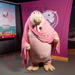 Pink Walrus mascot costume character dressed with a Henley Tee and Shawl pins