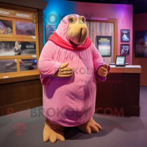 Pink Walrus mascot costume character dressed with a Henley Tee and Shawl pins