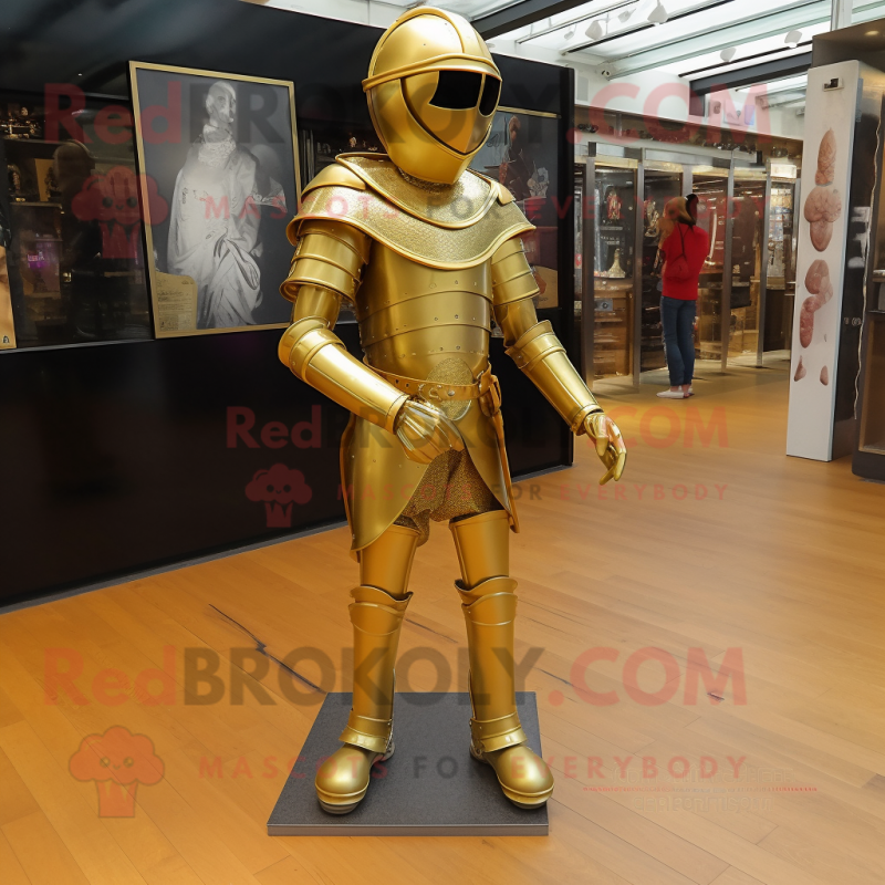 Gold Medieval Knight mascot costume character dressed with a Jumpsuit and Shoe laces