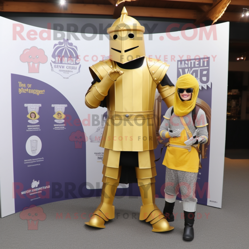 Gold Medieval Knight mascot costume character dressed with a Jumpsuit and Shoe laces