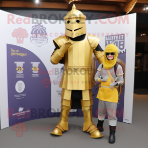 Gold Medieval Knight mascot costume character dressed with a Jumpsuit and Shoe laces