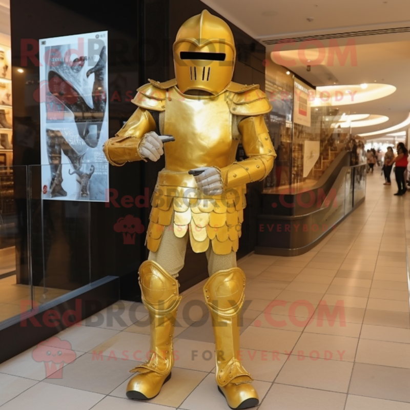 Gold Medieval Knight mascot costume character dressed with a Jumpsuit and Shoe laces