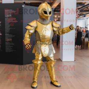 Gold Medieval Knight mascot costume character dressed with a Jumpsuit and Shoe laces