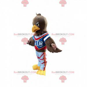 Brown eagle mascot in sportswear, vulture costume -