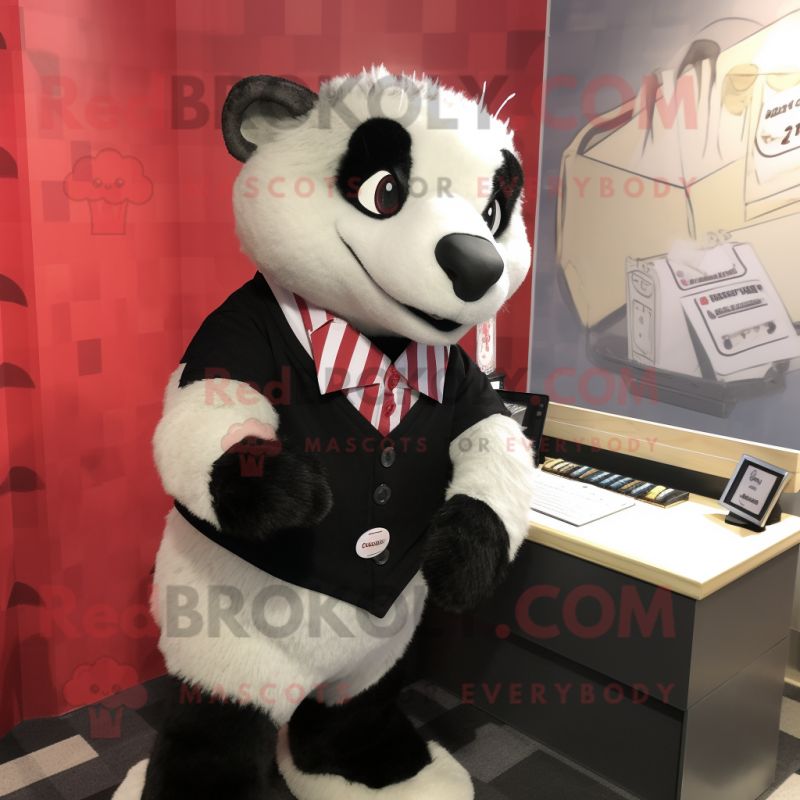 Cream Badger mascot costume character dressed with a Pencil Skirt and Lapel pins