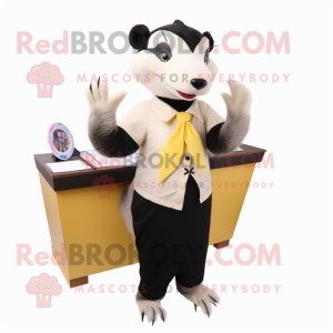 Cream Badger mascot costume character dressed with a Pencil Skirt and Lapel pins
