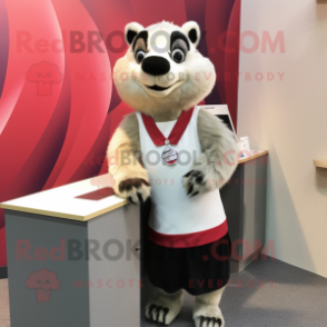 Cream Badger mascot costume character dressed with a Pencil Skirt and Lapel pins