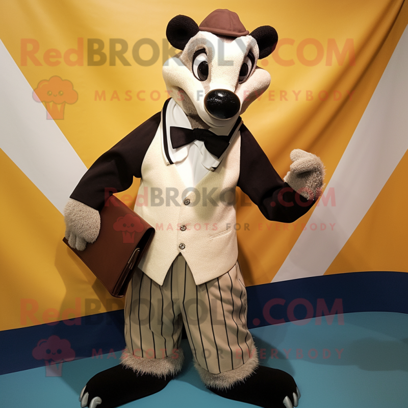 Cream Badger mascot costume character dressed with a Pencil Skirt and Lapel pins