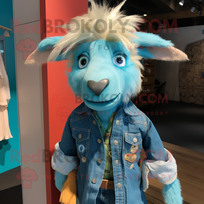 Turquoise Angora Goat mascot costume character dressed with a Denim Shirt and Hair clips