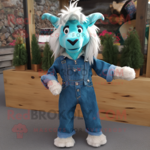 Turquoise Angora Goat mascot costume character dressed with a Denim Shirt and Hair clips