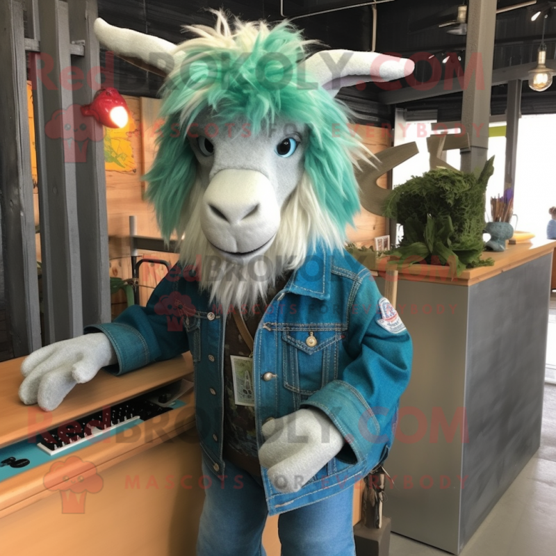 Turquoise Angora Goat mascot costume character dressed with a Denim Shirt and Hair clips