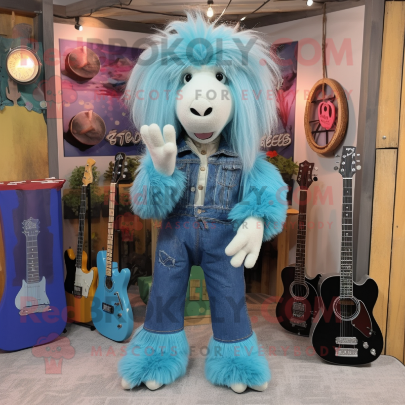 Turquoise Angora Goat mascot costume character dressed with a Denim Shirt and Hair clips