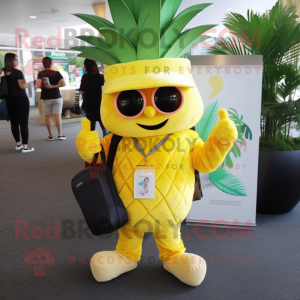 Lemon Yellow Pineapple mascot costume character dressed with a T-Shirt and Messenger bags