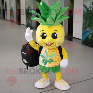 Lemon Yellow Pineapple mascot costume character dressed with a T-Shirt and Messenger bags