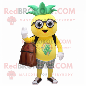 Lemon Yellow Pineapple mascot costume character dressed with a T-Shirt and Messenger bags