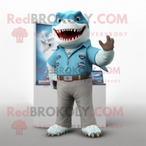 Sky Blue Megalodon mascot costume character dressed with a Henley Shirt and Brooches