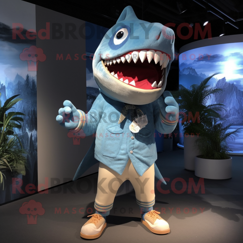 Sky Blue Megalodon mascot costume character dressed with a Henley Shirt and Brooches