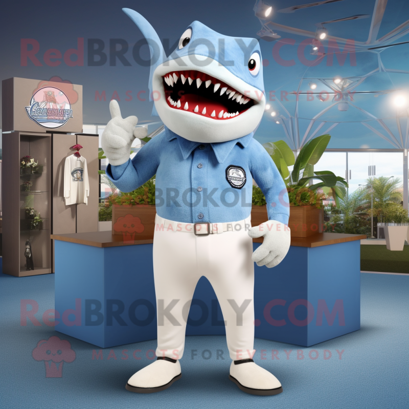 Sky Blue Megalodon mascot costume character dressed with a Henley Shirt and Brooches Sky Blue Megalodon mascot costume character dressed with a Henley Shirt and Brooches