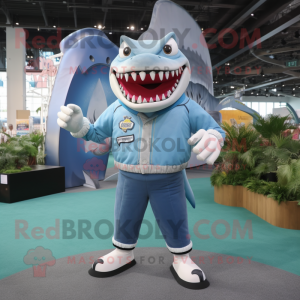 Sky Blue Megalodon mascot costume character dressed with a Henley Shirt and Brooches