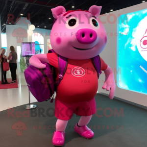 Magenta Pig mascot costume character dressed with a One-Piece Swimsuit and Backpacks