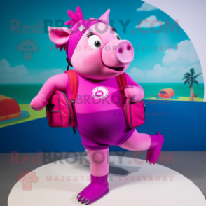 Magenta Pig mascot costume character dressed with a One-Piece Swimsuit and Backpacks