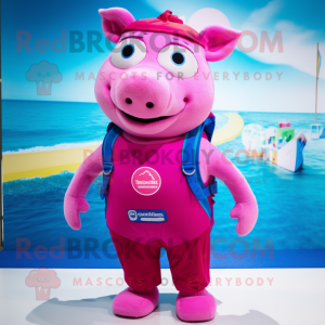 Magenta Pig mascot costume character dressed with a One-Piece Swimsuit and Backpacks