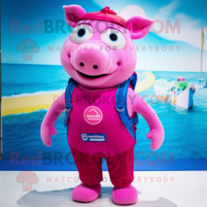 Magenta Pig mascot costume character dressed with a One-Piece Swimsuit and Backpacks