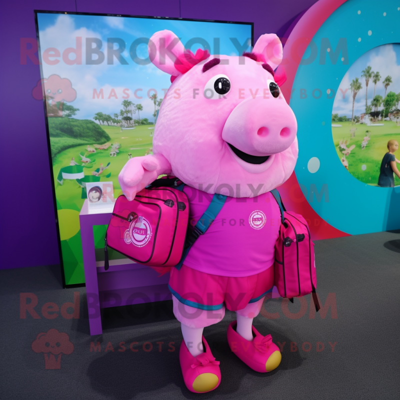 Magenta Pig mascot costume character dressed with a One-Piece Swimsuit and Backpacks