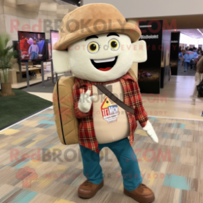 Beige Enchiladas mascot costume character dressed with a Flannel Shirt and Backpacks