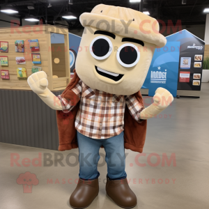 Beige Enchiladas mascot costume character dressed with a Flannel Shirt and Backpacks