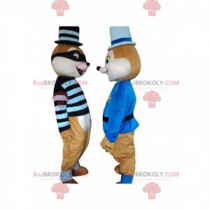 2 mascottes d'écureuils, un prisonnier et un policier -