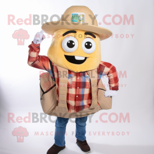 Beige Enchiladas mascot costume character dressed with a Flannel Shirt and Backpacks