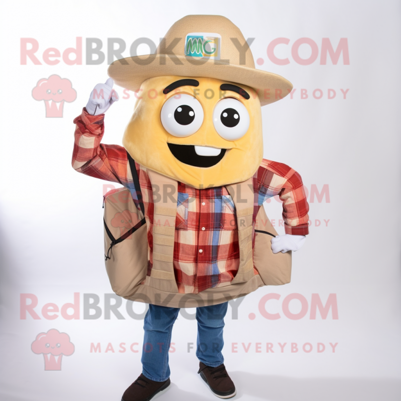 Beige Enchiladas mascot costume character dressed with a Flannel Shirt and Backpacks Beige Enchiladas mascot costume character dressed with a Flannel Shirt and Backpacks