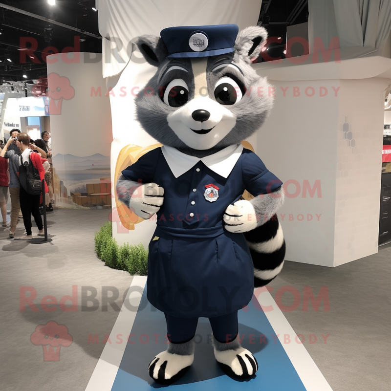 Navy Raccoon mascot costume character dressed with a Pencil Skirt and Brooches