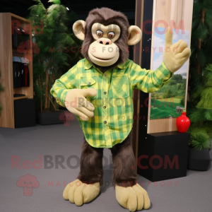 Lime Green Chimpanzee mascot costume character dressed with a Flannel Shirt and Pocket squares