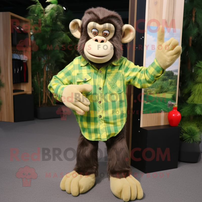 Lime Green Chimpanzee mascot costume character dressed with a Flannel Shirt and Pocket squares