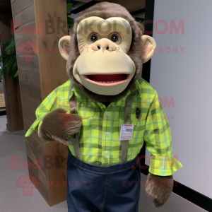 Lime Green Chimpanzee mascot costume character dressed with a Flannel Shirt and Pocket squares